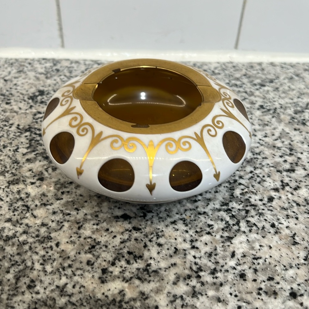 Bohemian Czech Cased White Ashtray Over Amber Hand Painted Gold Encrusted Rare
